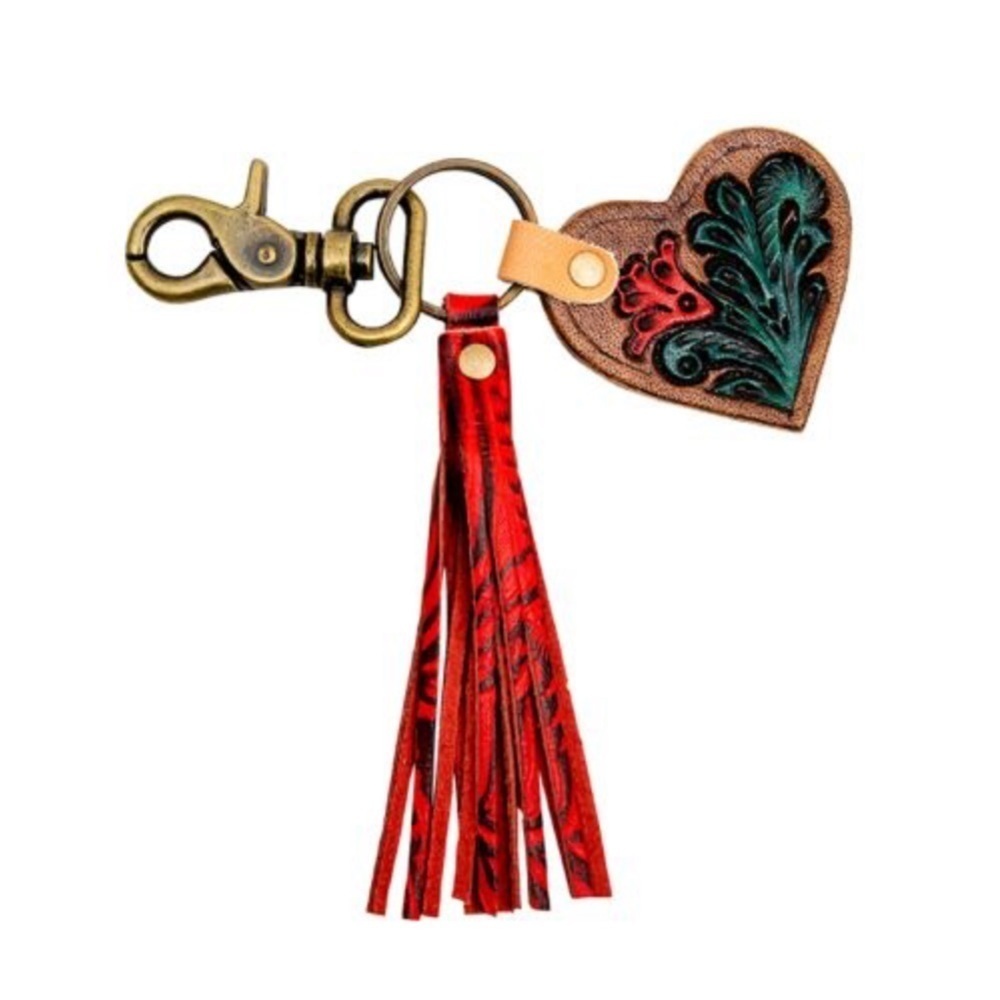 Hand tooled leather key fob, heart with fringe